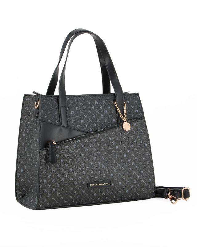 Prodotto: CORTINA POLO STYLE - Borsa due manici nera loggata con tasca frontale, tracolla removibile