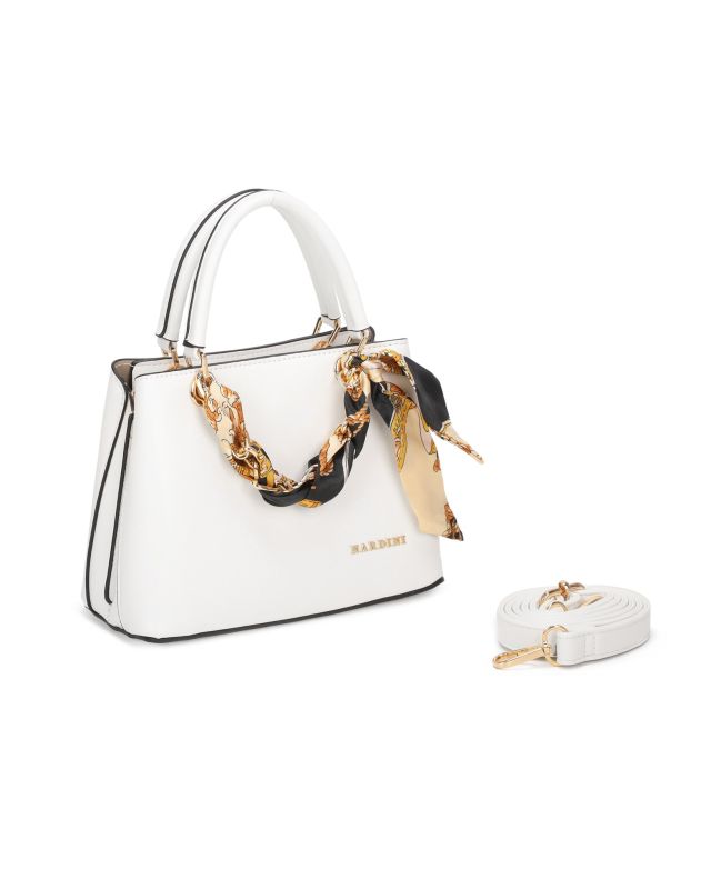 Prodotto: NARDINI - Minibag bianca con tre scomparti principali e catena con foulard, tracolla removibile