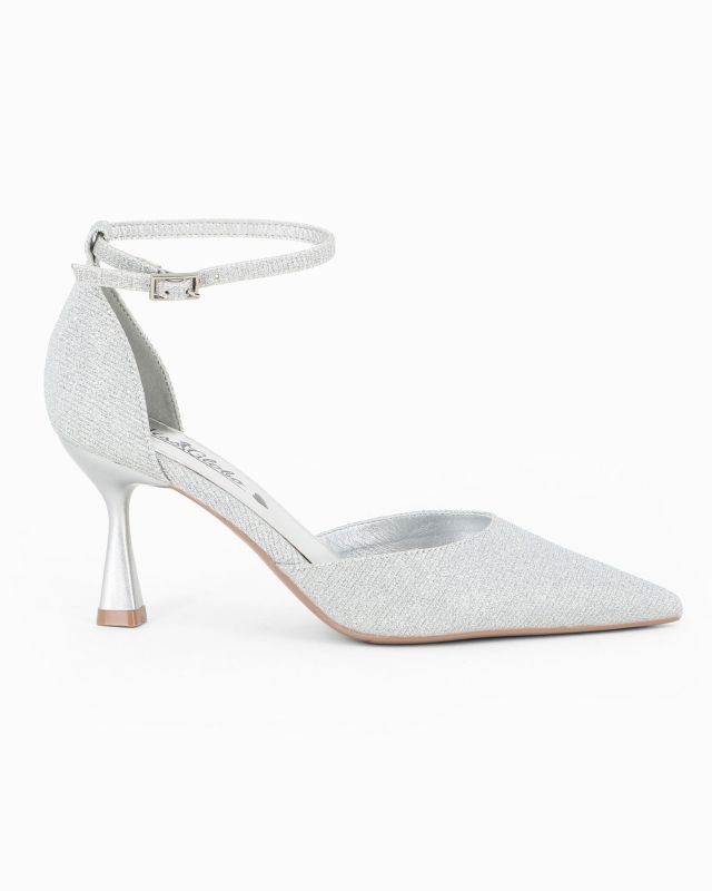 Prodotto: MISS GLOBO - Décolleté argento in lurex con sottopiede in VERA PELLE e cinturino alla caviglia, tacco 7,5CM