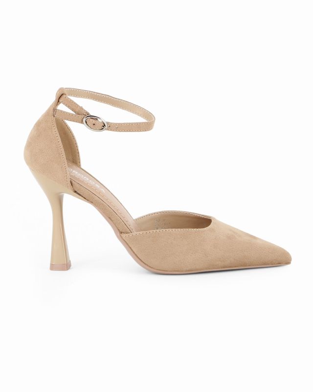 Prodotto: GLOBO ROSA - Décolleté beige scamosciata con sottopiede in VERA PELLE e cinturino alla caviglia, tacco 9,5CM