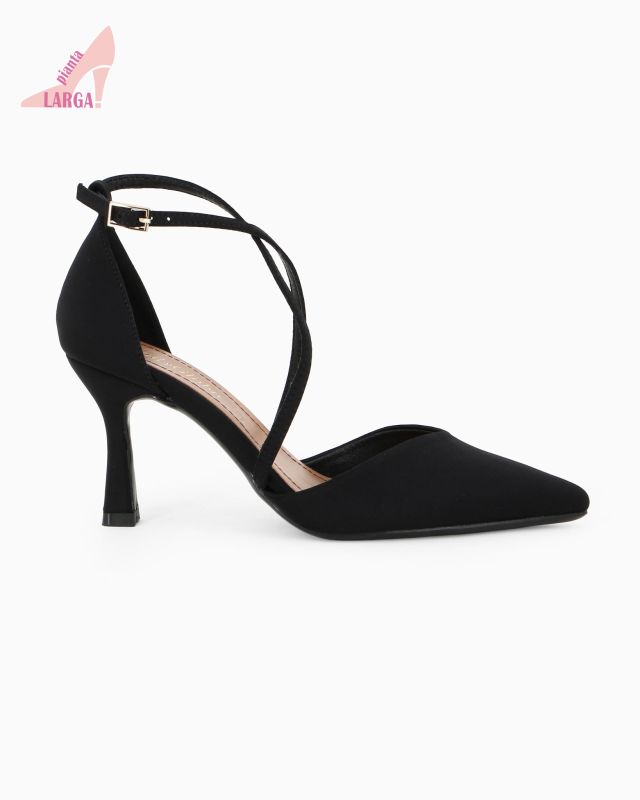 Prodotto: LADY GLOBO - Décolleté nera in lycra con sottopiede in VERA PELLE, calzata comoda e cinturini incrociati, tacco 8CM
