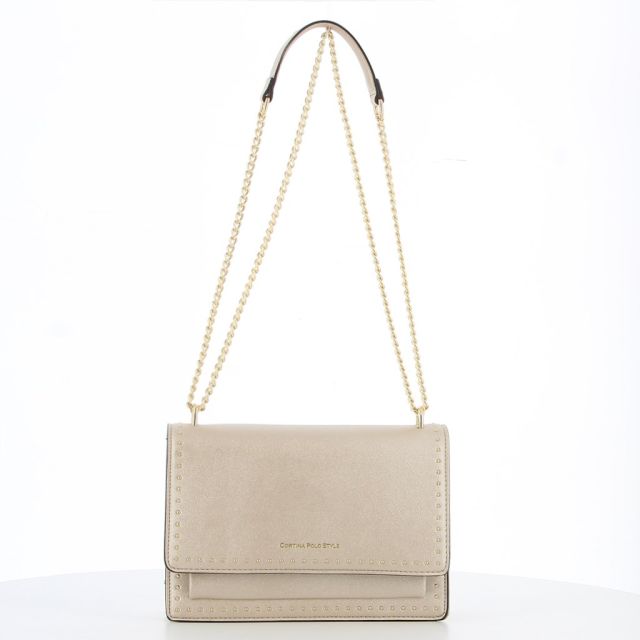 Prodotto: CORTINA POLO STYLE - Borsa oro platino tracolla catena con borchiette sulla patta