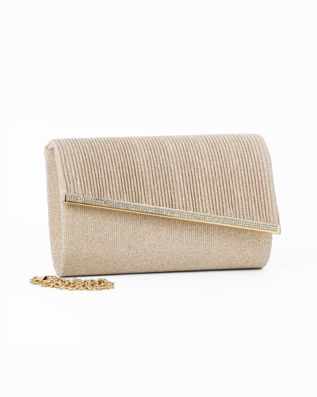 Prodotto: DIVAS - Pochette oro in lurex con filo di strass sulla patta, tracolla removibile