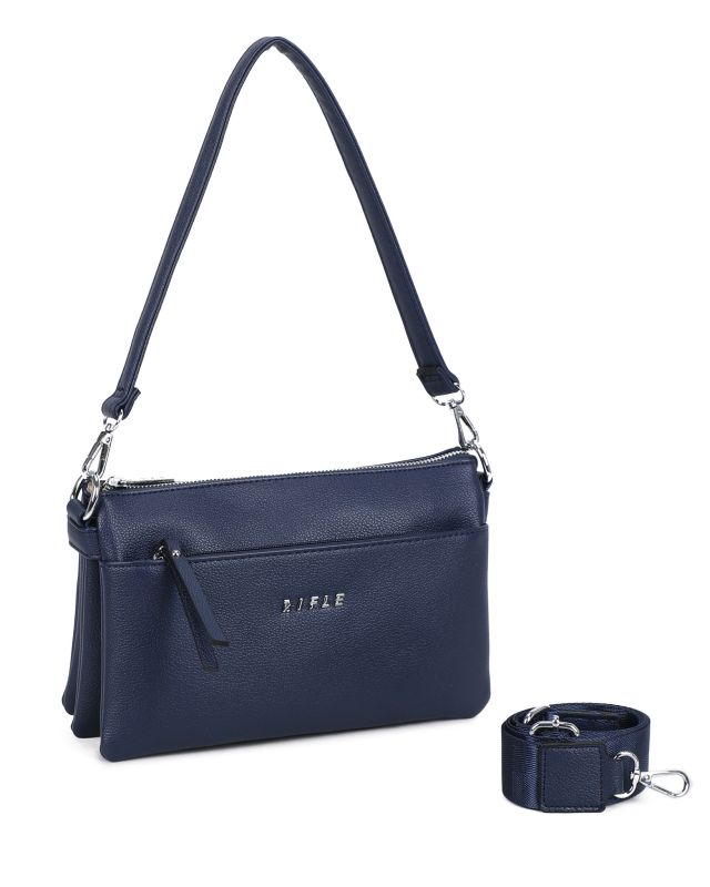 Prodotto: RIFLE - Borsa a spalla blu con cinque scomparti interni, tasca frontale e posteriore, tracolla removibile