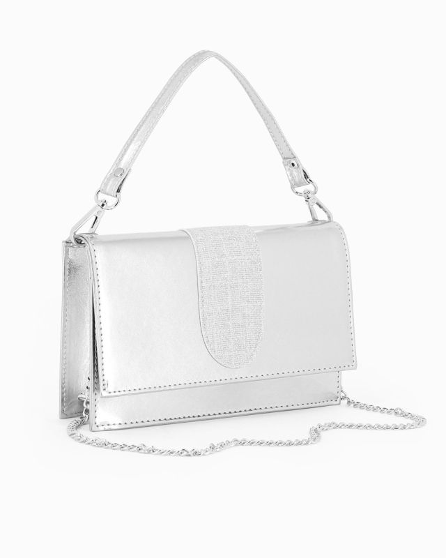 Prodotto: ANNES NICOLE - Pochette argento con patta e tracolla a catenina