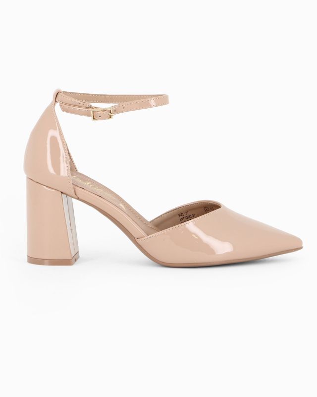 Prodotto: MISS GLOBO - Décolleté beige in vernice con sottopiede in VERA PELLE e cinturino alla caviglia, tacco 7,5CM