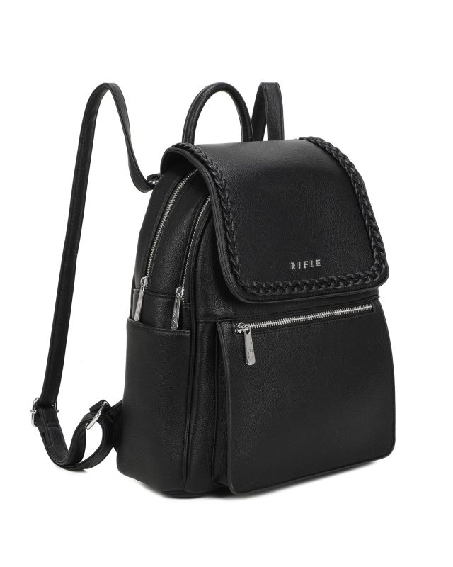 Prodotto: RIFLE - Zaino multitasche nero con due scomparti principali e dettaglio intreccio sulla patta