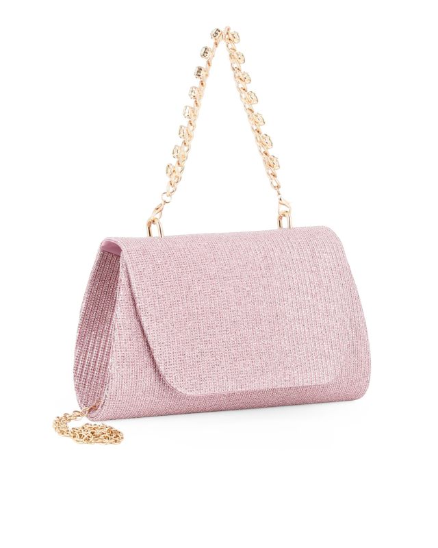 Prodotto: DIVAS - Pochette champagne in lurex con patta e manico gioiello