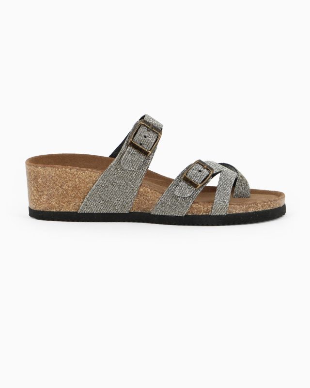 Prodotto: BACHATA - Ciabatta infradito taupe glitterata con doppia fibbia e sottopiede in VERA PELLE, zeppa 5CM