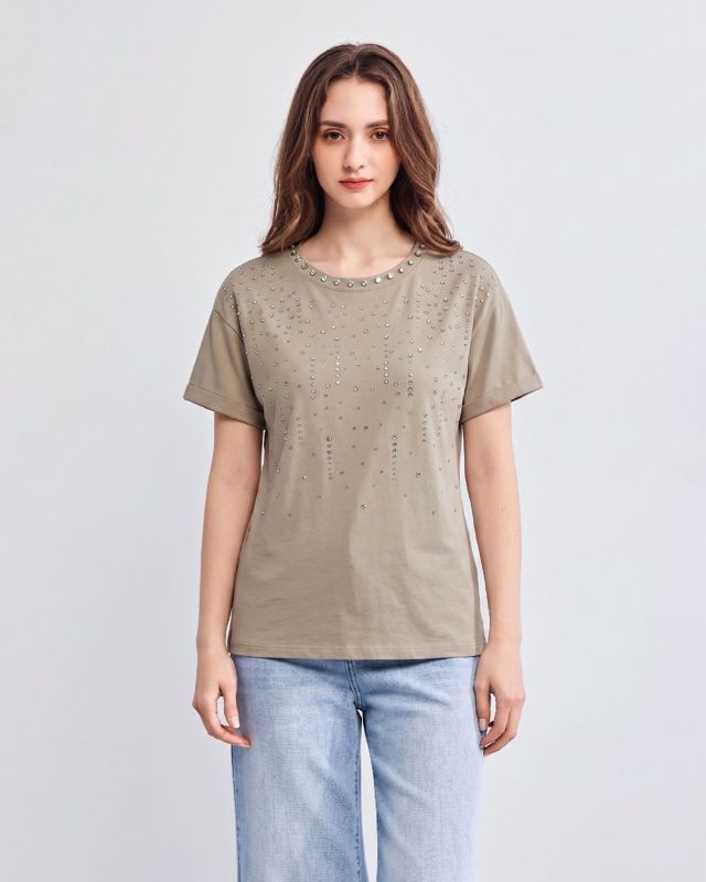 Prodotto: BACHATA - Tshirt manica corta beige con strass