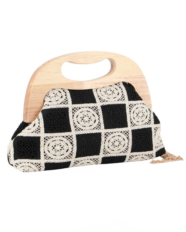 Prodotto: DIVAS - Borsa a mano ricamata nera e panna con manico in legno