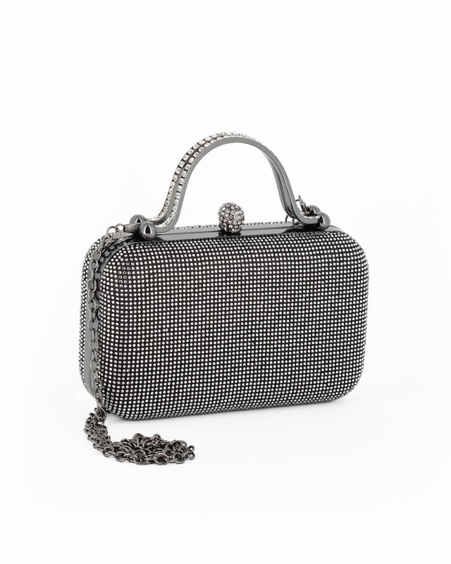 Prodotto: DIVAS - Pochette nera con strass, manici e chiusura gioiello