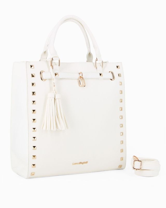 Prodotto: LAURA BIAGIOTTI - Borsa due manici bianca con borchie, pennacchi con frange e cinturino con lucchetto, tracolla removibile