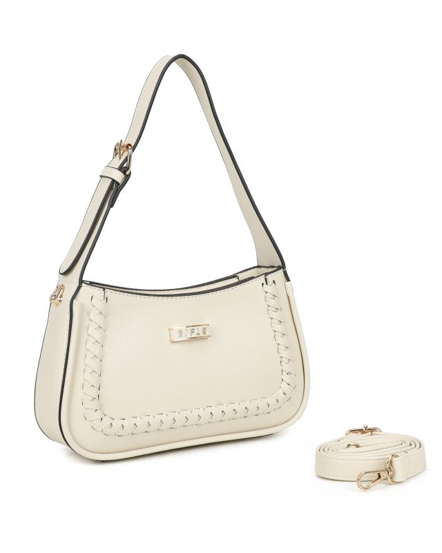Prodotto: RIFLE - Borsa a spalla beige con dettaglio intreccio frontale, tracolla removibile