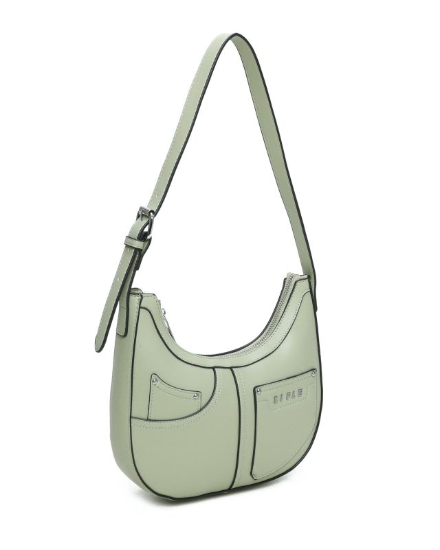 Prodotto: RIFLE - Borsa a spalla verde salvia con tasca posteriore e finte tasche frontali