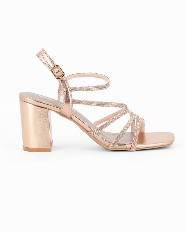 Prodotto: MISS GLOBO - Sandalo champagne con strass e punta quadrata, tacco 7CM