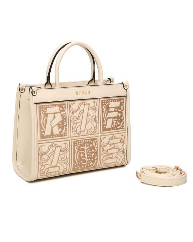 Prodotto: RIFLE - Borsa due manici beige con tasca posteriore e parte frontale decorata, tracolla removibile