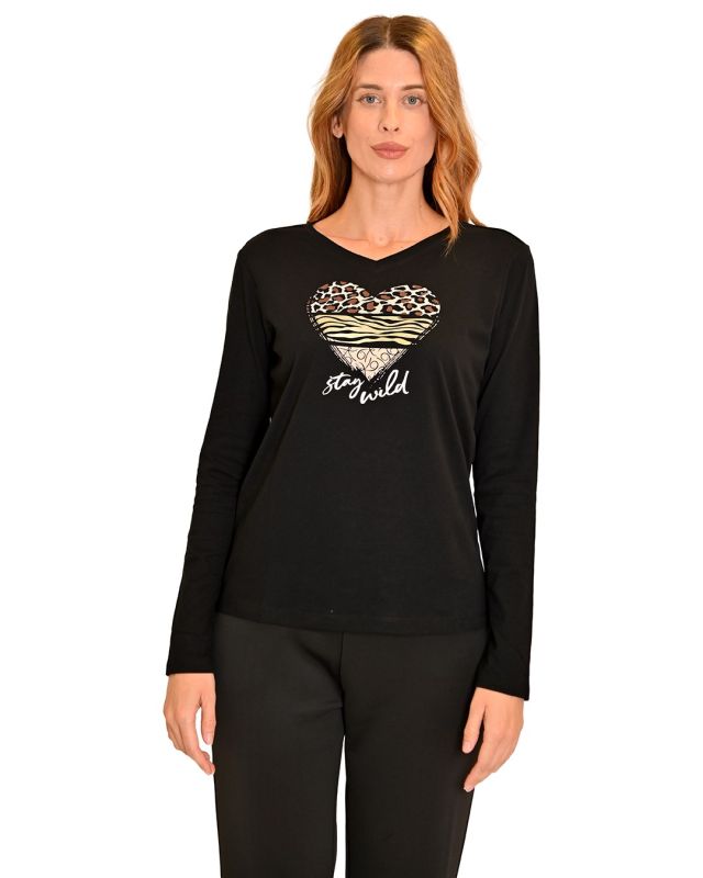 Prodotto: KEY UP - MAGLIA MANICA LUNGA  DONNA NERA  HEART STAY WILD - 5S421/0002