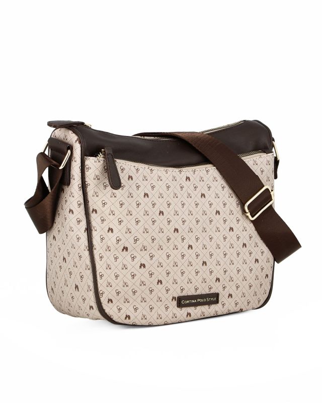 Prodotto: CORTINA POLO STYLE - Borsa taupe loggata con tasca frontale e tracolla regolabile