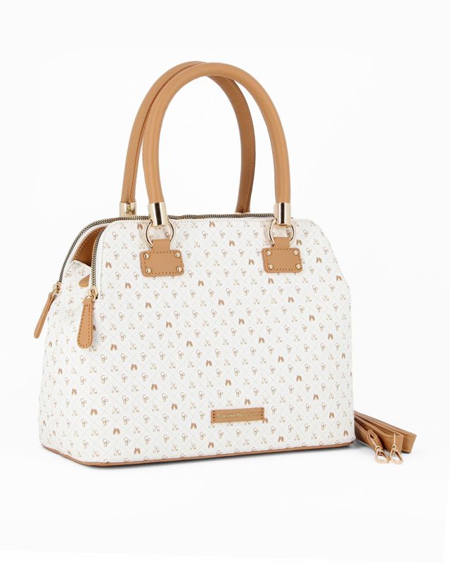 Prodotto: CORTINA POLO STYLE - Bauletto due manici bianco/cuoio loggato con tre scomparti principali, tracolla removibile