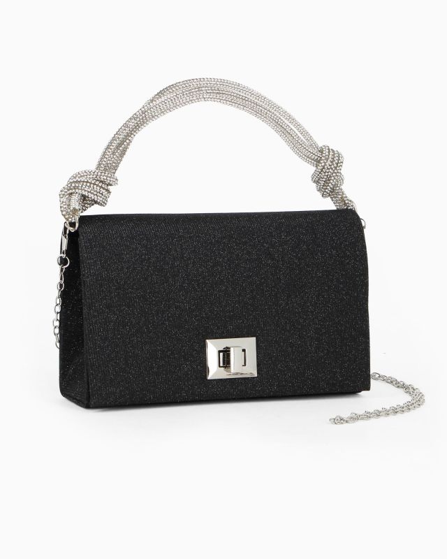 Prodotto: MISS GLOBO - Pochette nera in lurex con manico in strass