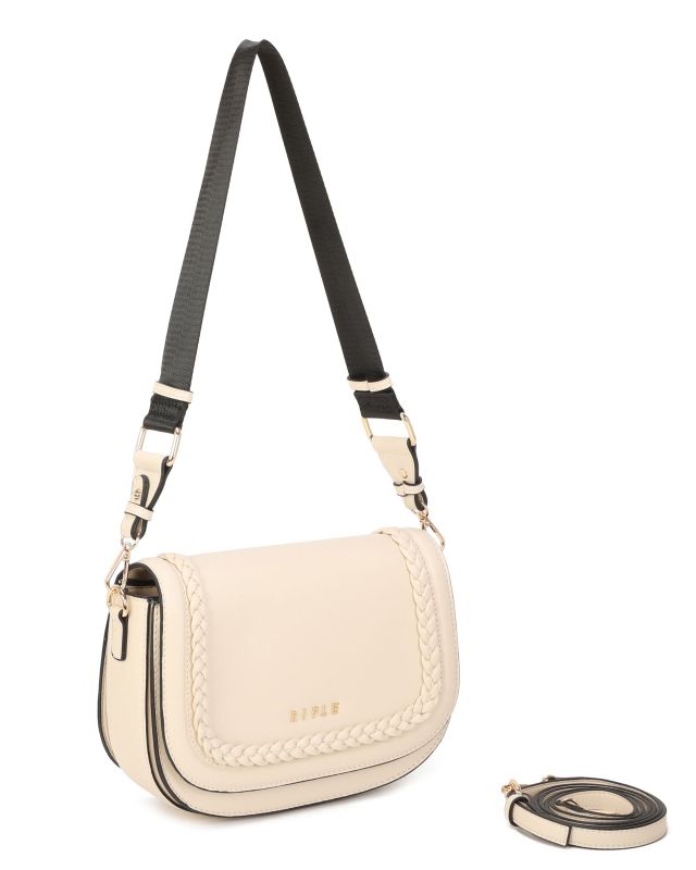 Prodotto: RIFLE - Borsa beige con tre scomparti interni e treccia sulla patta, tracolla removibile