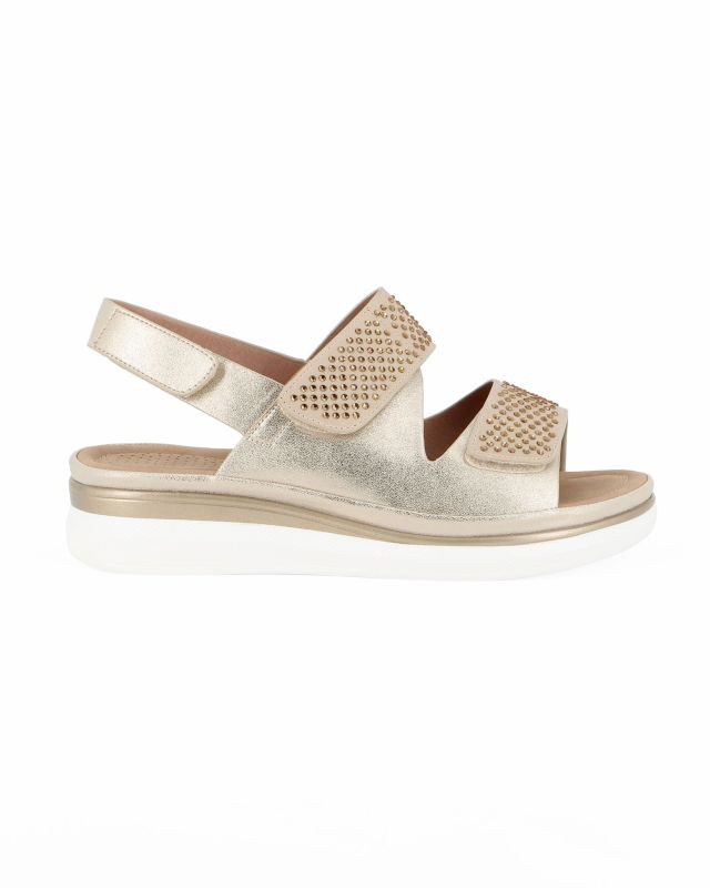 Prodotto: MISS GLOBO - Sandalo beige con strass e chiusure a strappo