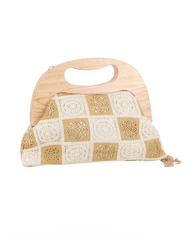 Prodotto: DIVAS - Borsa a mano ricamata beige e panna con manico in legno