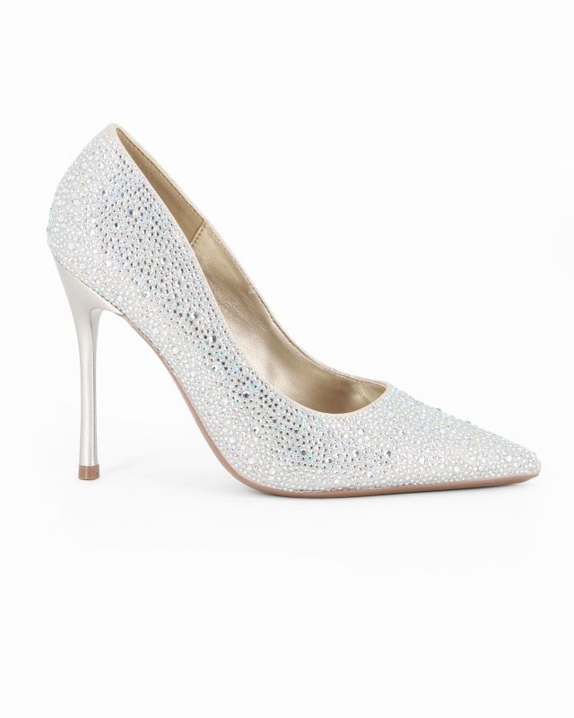 Prodotto: MISS GLOBO - Décolleté platino in lurex rivestita di strass, tacco 10,5CM