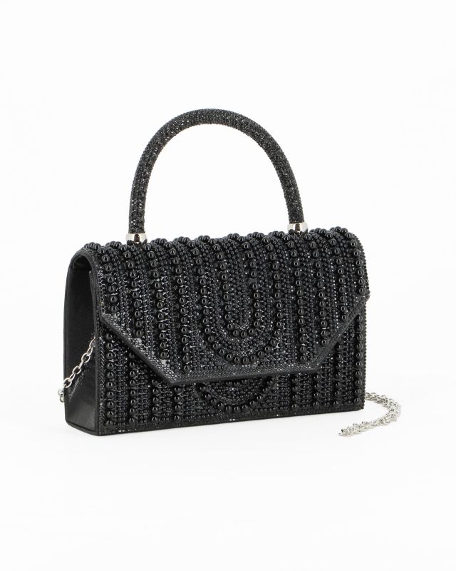Prodotto: MISS GLOBO - Borsa pochette nera rivestita di perle e manico di strass per cerimonie