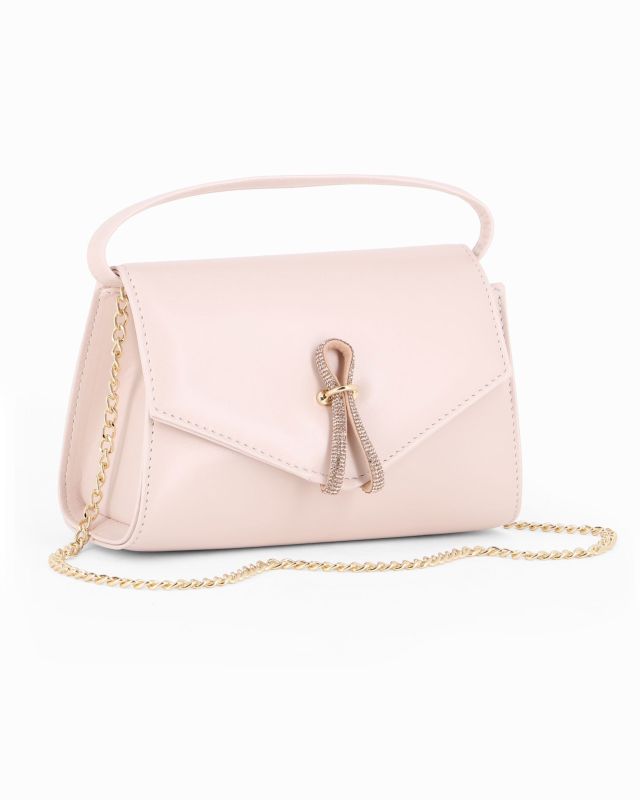 Prodotto: ANNES NICOLE - Pochette nude con cinturino in strass sulla patta e tracolla a catenina