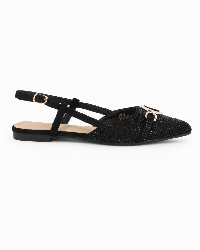 Prodotto: MY JEWELS - Ballerina slingback nera scamosciata a punta con morsetto e strass