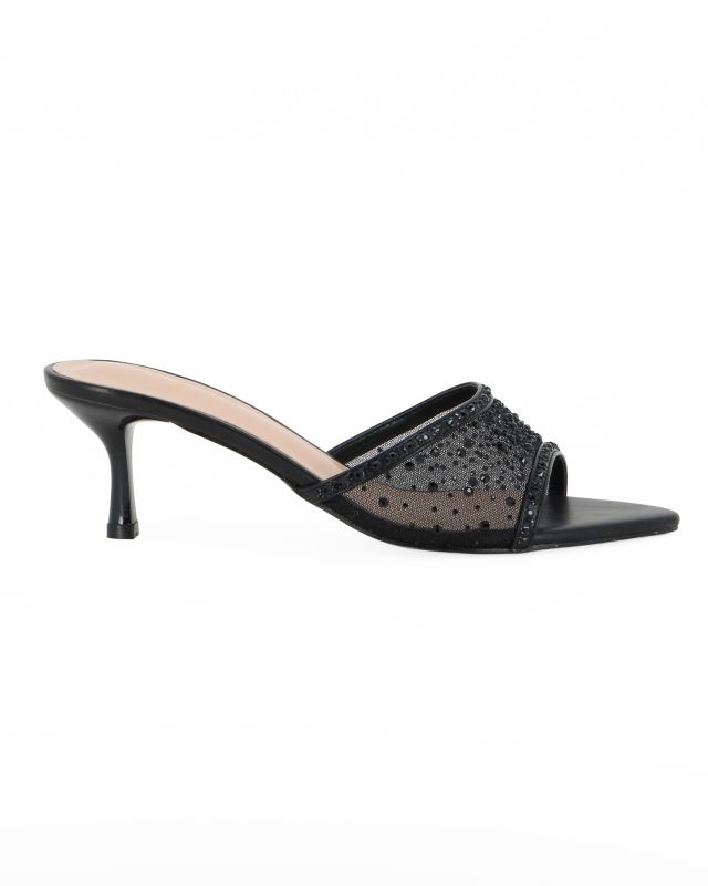 Prodotto: TATOO - Sabot mules nero a punta con fascia trasparente in strass, tacco 6CM