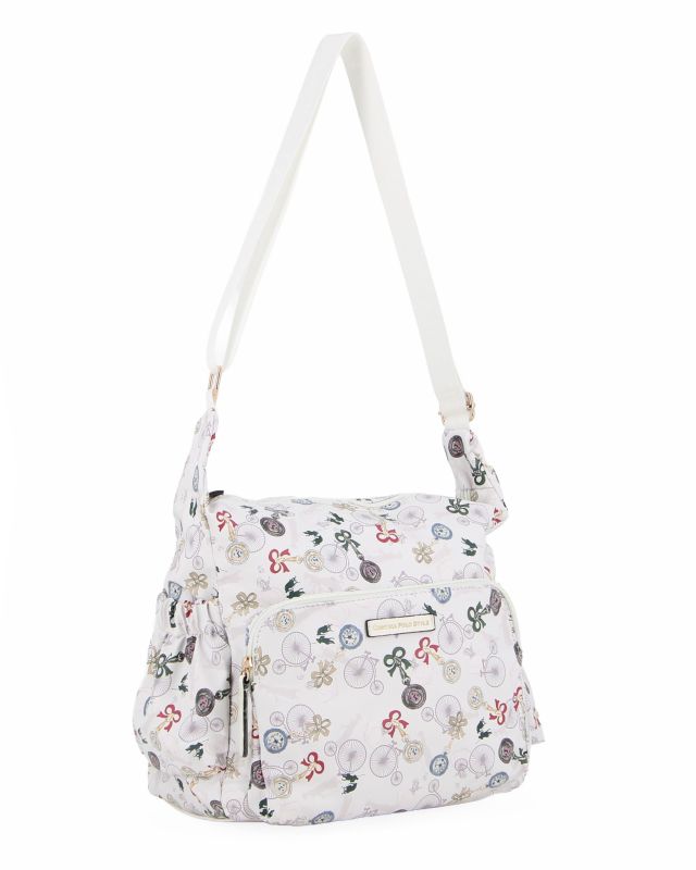 Prodotto: CORTINA POLO STYLE - Tracolla bianca con stampa bici, tasca frontale e taschini laterali elasticizzati