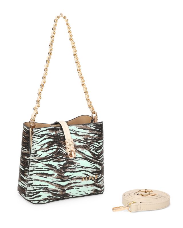 Prodotto: RIFLE - Minibag animalier celeste con tre scomparti principali e pattina con chiusura a girello, tracolla removibile