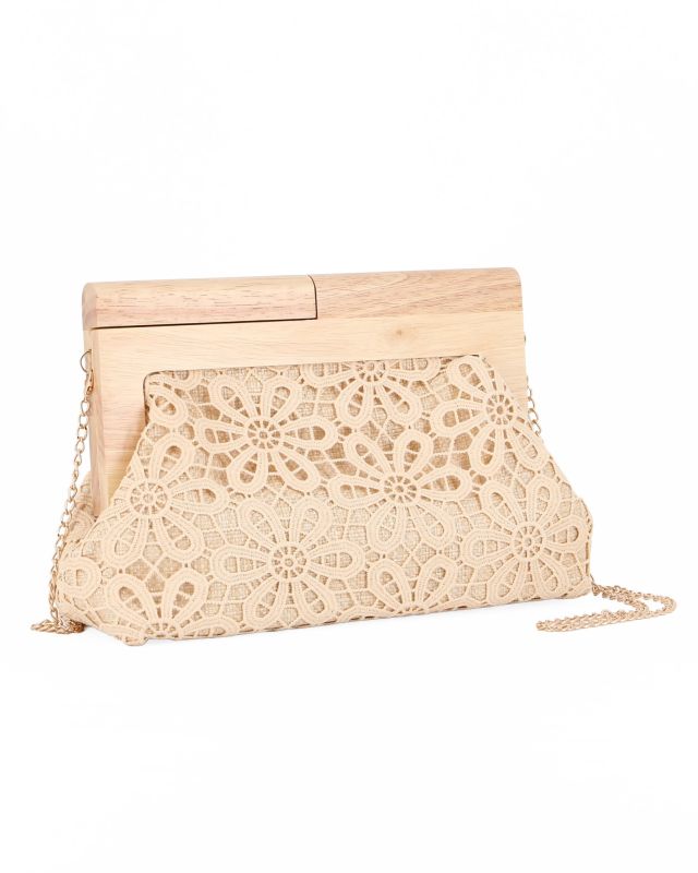 Prodotto: DIVAS -  Borsa pochette beige ricamata con stecca in legno