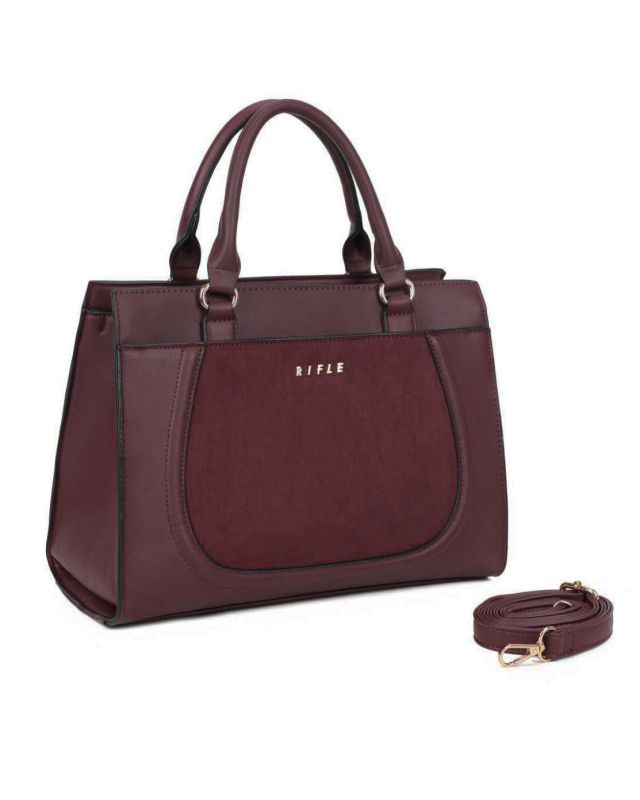 Prodotto: RIFLE - Borsa due manici bordeaux con tasca frontale scamosciata, tracolla removibile