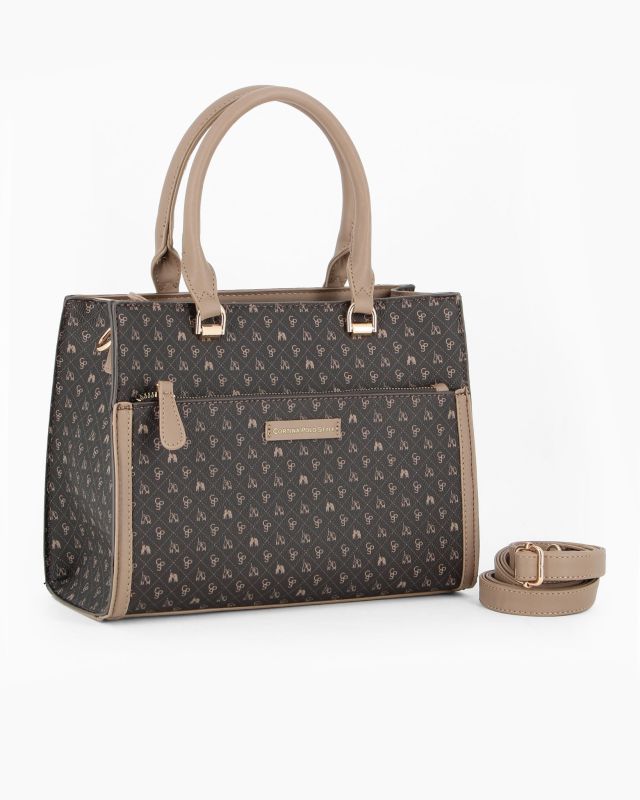 Prodotto: CORTINA POLO STYLE - Borsa due manici moro/taupe logata con tasca frontale, tracolla removibile