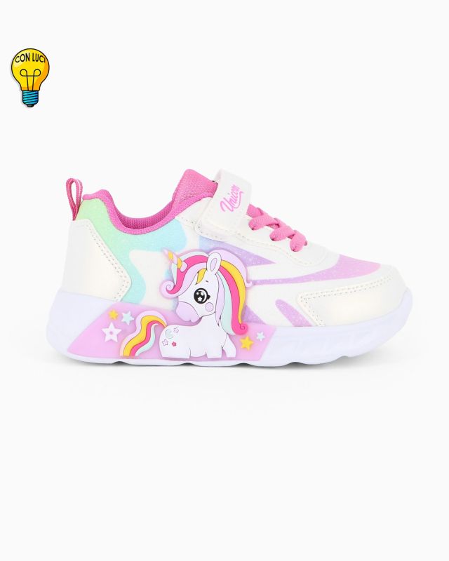 Prodotto: UNICORNO - Sneakers bianca da bambina con luci e strappo, numerata 25/31