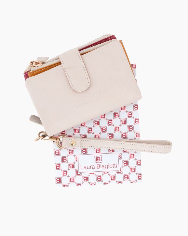 Product: LAURA BIAGIOTTI - Portafoglio beige in VERA PELLE da donna con pattina e polsiera removibile (1 of 3)
