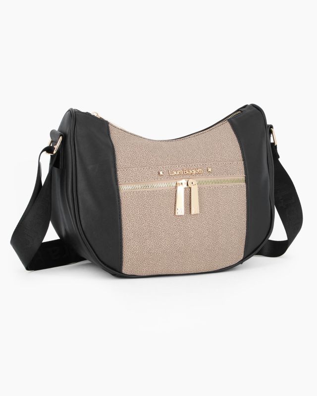 Product: LAURA BIAGIOTTI - Borsa mezzaluna nera con tasca frontale e posteriore e inserto centrale tortora (1 of 20)