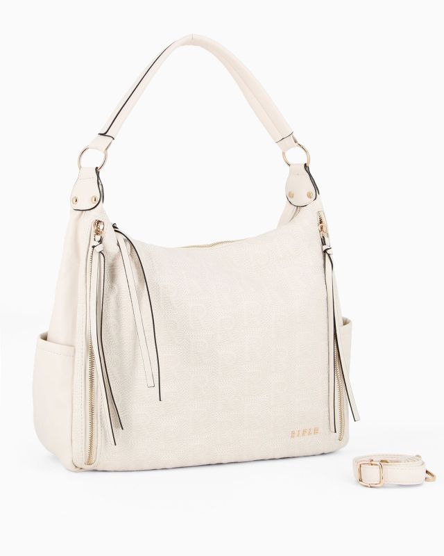 Product: RIFLE - Borsa sacca beige logata con zip frontali, vericali e tasche laterali, tracolla removibile (1 of 4)