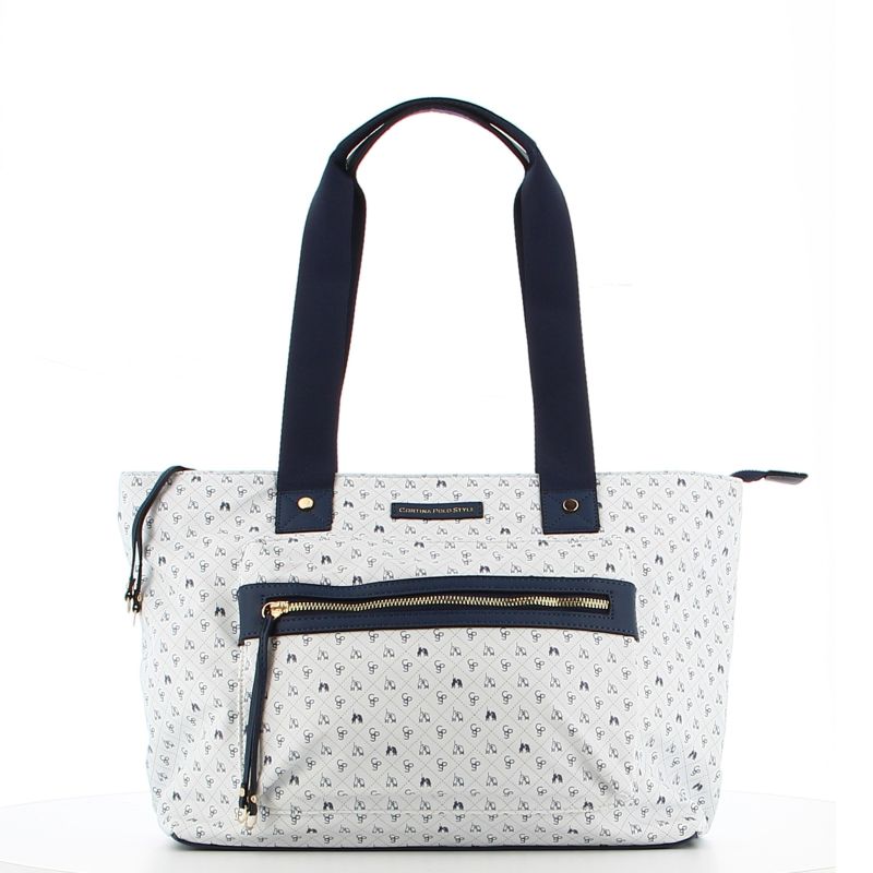 Product: CORTINA POLO STYLE - Borsa shopping bianca loggata con zip frontale orizzontale (1 of 7)