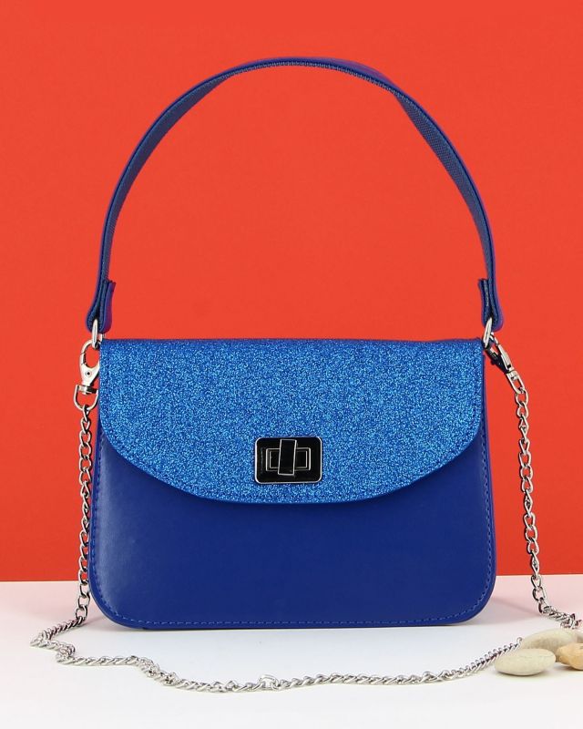Product: ANNES NICOLE - Pochette bluette un manico con patta glitterata, chiusura a girello e catenina removibile, MADE IN ITALY (1 of 5)