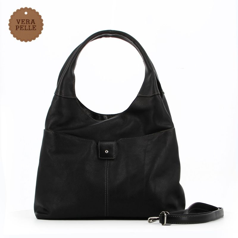 Product: DIVAS - Borsa sacca nera in VERA PELLE con tasca frontale, tracolla removibile - MADE IN ITALY (1 of 4)