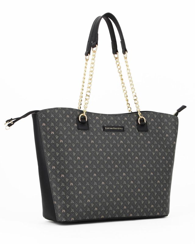 Product: CORTINA POLO STYLE - Borsa shopping nera loggata con manici a catena (1 of 7)