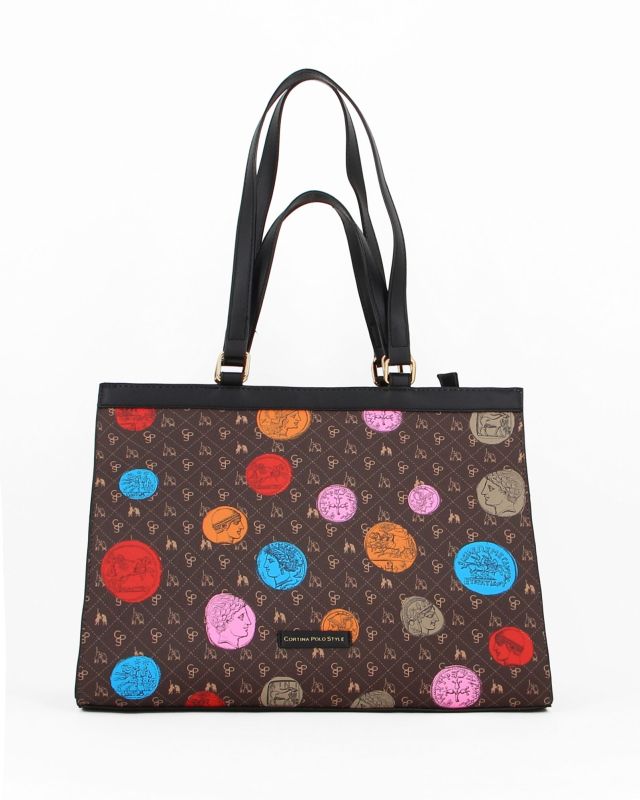 Product: CORTINA POLO STYLE - Borsa shopping marrone con manici doppia lunghezza e stampe multicolor (1 of 7)
