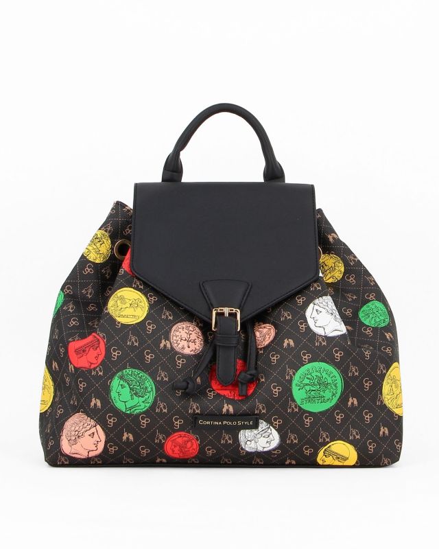 Product: CORTINA POLO STYLE - Zaino nero con finta fibbia sulla patta e stampe multicolor (1 of 4)