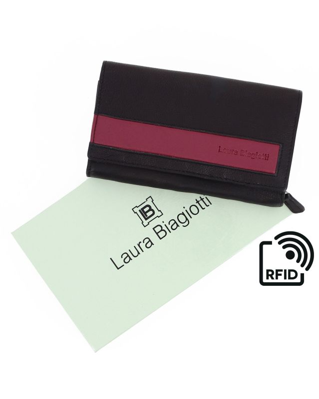 Product: Portafoglio donna nero e bordeaux con incisione logo frontale e patta, in VERA PELLE - Laura Biagiotti (1 of 7)