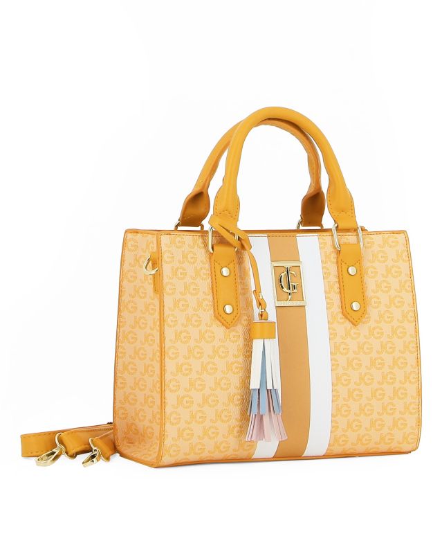 Product: JUST GOLF - Borsa a mano gialla con logo metallico frontale e pennacchio a frange multicolor, tracolla removibile (1 of 4)